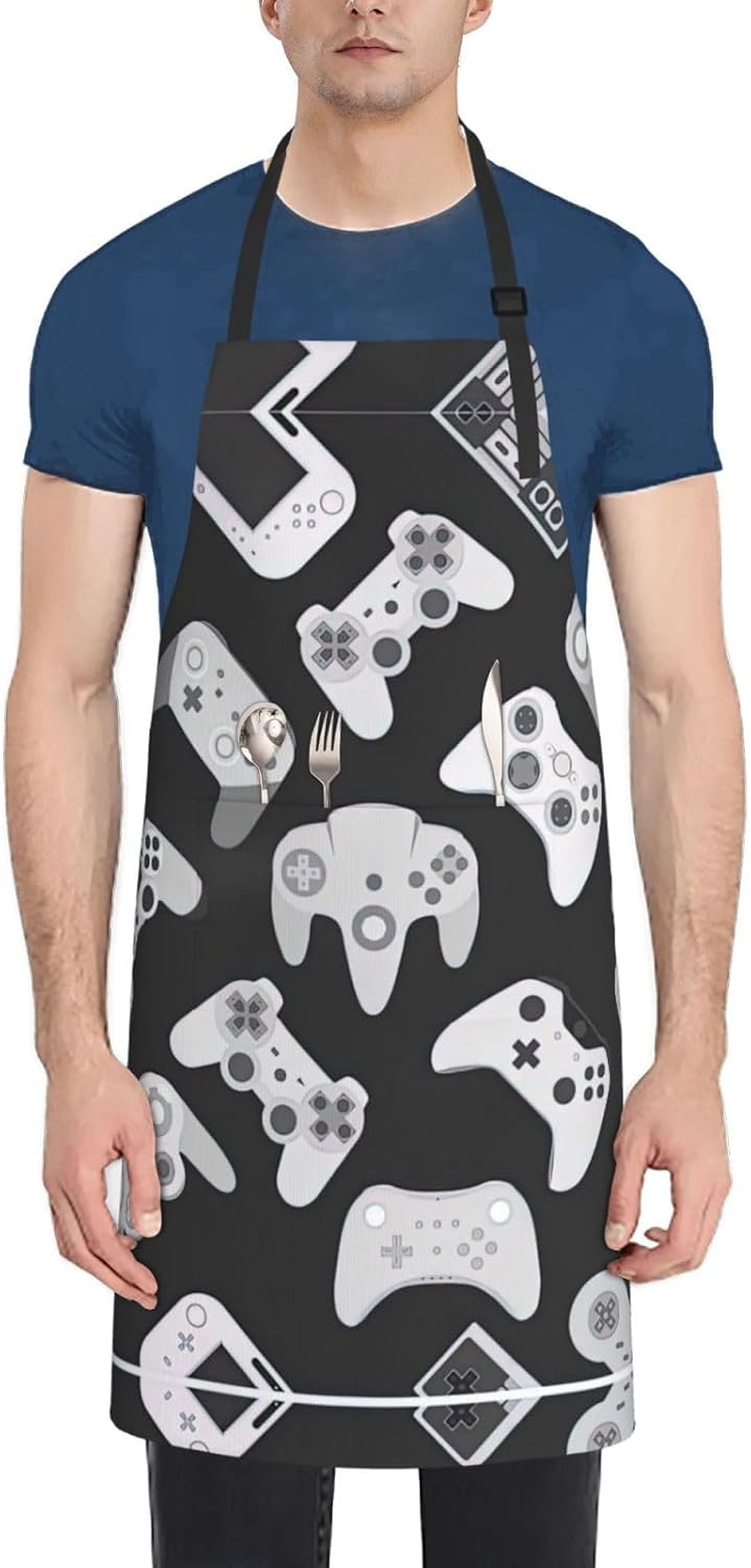 Game Controller Print 28x33 In Adult Kitchen Apron with Pockets Versatile Chef Smock for Cooking Baking