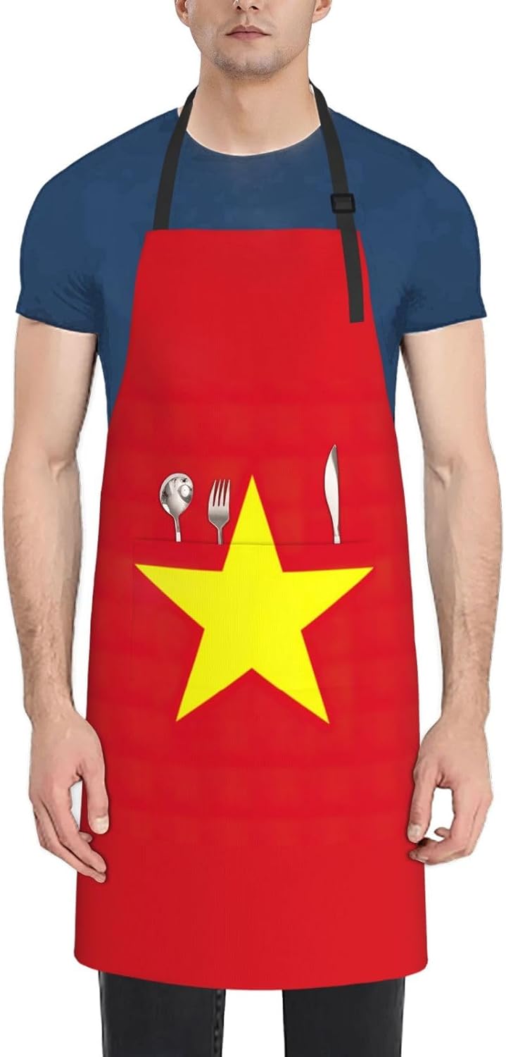 Vietnamese flag print Waterproof chef's apron with pocket apron for kitchen cooking baking barbecue and gardening