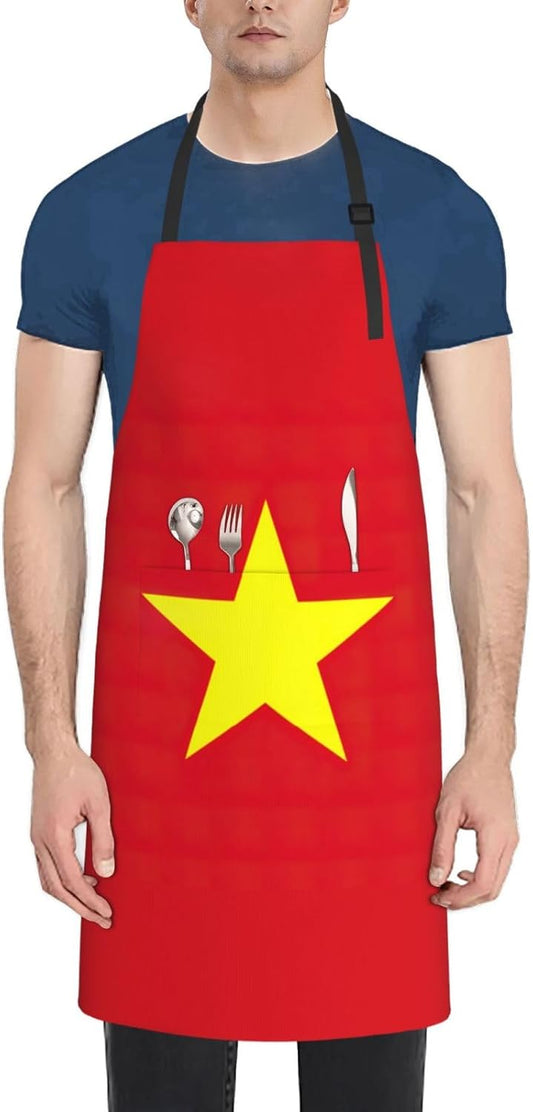 Vietnamese flag print Waterproof chef's apron with pocket apron for kitchen cooking baking barbecue and gardening