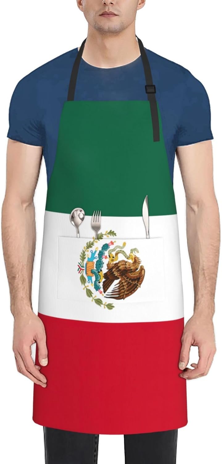 Flag of Mexico Print Laundry apron 28x33 In Waterproof Kitchen Apron with Pockets for Cooking Baking
