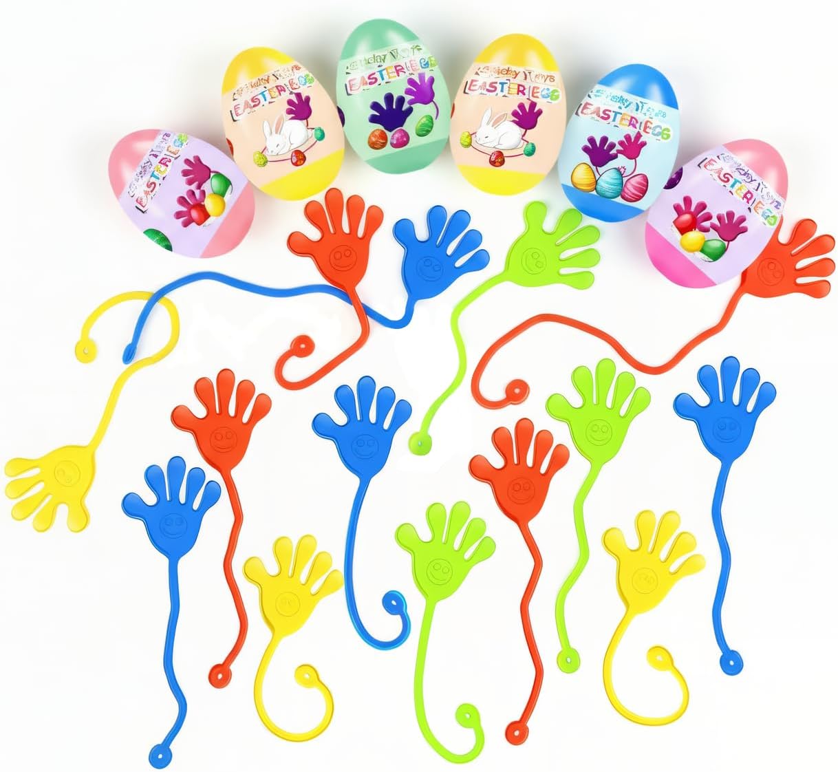 24 Pack Prefilled Easter Eggs with Sticky Hand Toys for Kids Girls Boy
