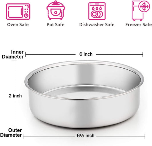 E-far 6 Inch Cake Pan Set of 3, Stainless Steel Round Smash Cake Baking Pans Tins, Non-Toxic & Healthy, Mirror Finish & Dishwasher Safe