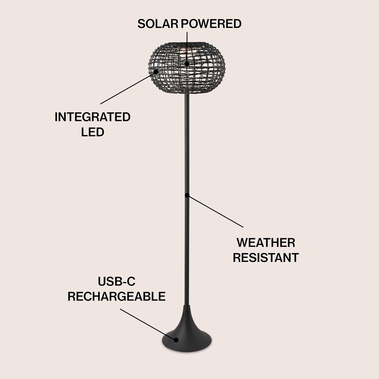 JONATHAN Y 58" Black Modern Outdoor Solar Floor Lamp, Waterproof LED Standing Light for Patio, Deck, Porch, Faux Rattan Shade, USB-C Rechargeable, Coastal Decor JYL2601A