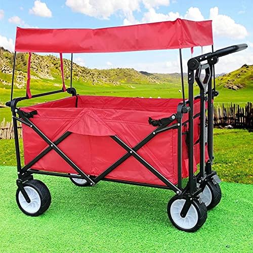 Portable Camping Cart,Beach Trolley Folding Handcart with Roof Trolley with Brakes 4-Wheel Beach Cart 94 X 61 X 35cm Bearing 100kg/220lbs