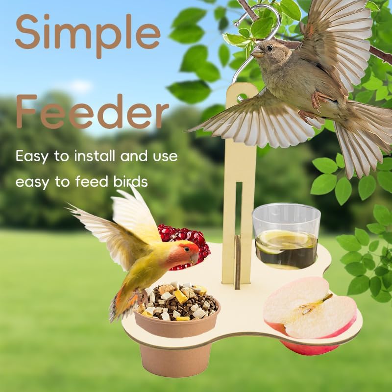 Bird Feeder for Outdoors, Hanging and Standing Bird Feeder, Wooden Feeders, Food and Water Bowls with 4 Food-Grade Silicone Cups, Indoor or Outdoor