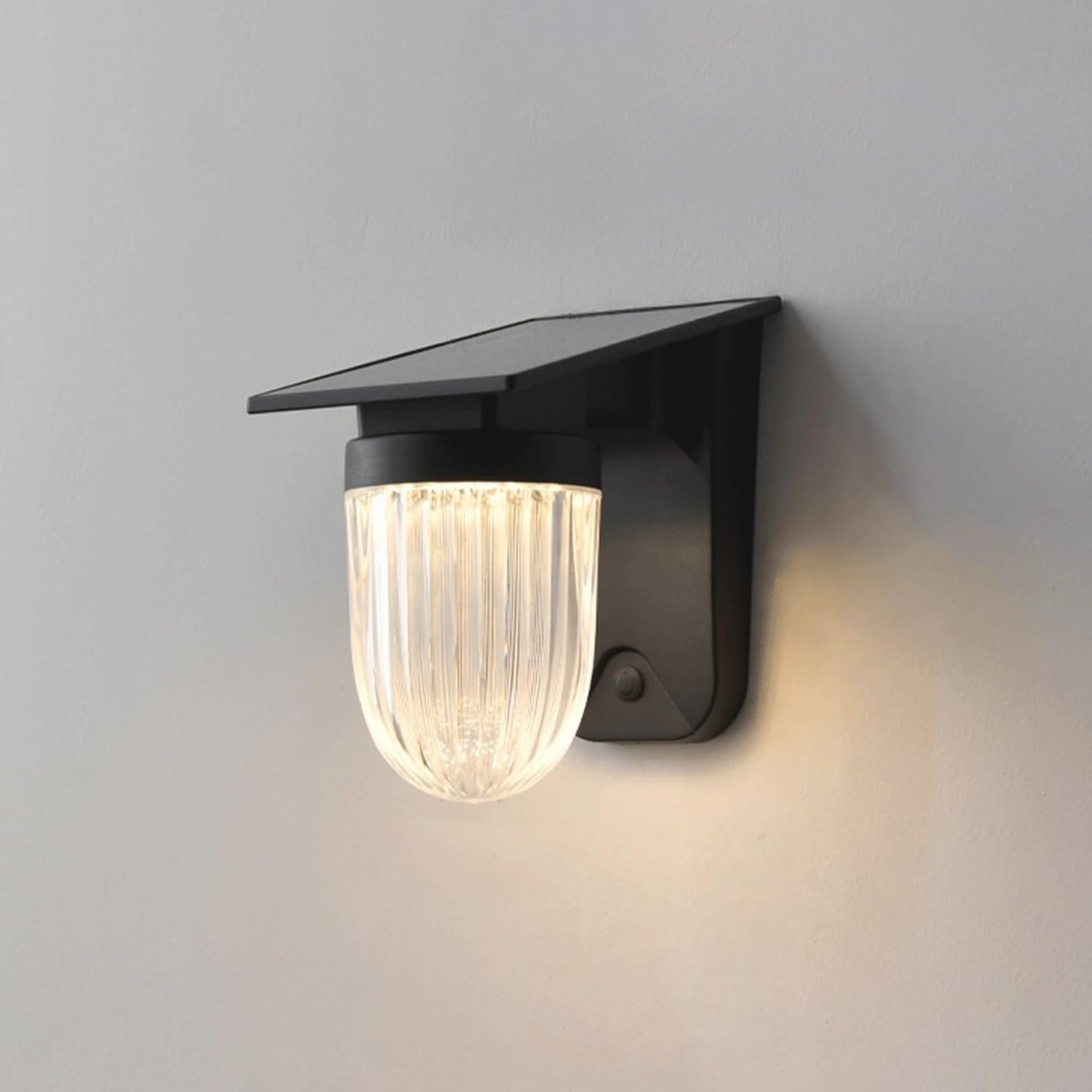 Solar Wall Light, Outdoor Wall Sconce, Wall Lamp, IP65 Black ABS PC with Ribbed Shade, Rechargeable 3 Color LED for Garden Porch Deck Fence Villa Backyard Entryway Gate Home Cottage
