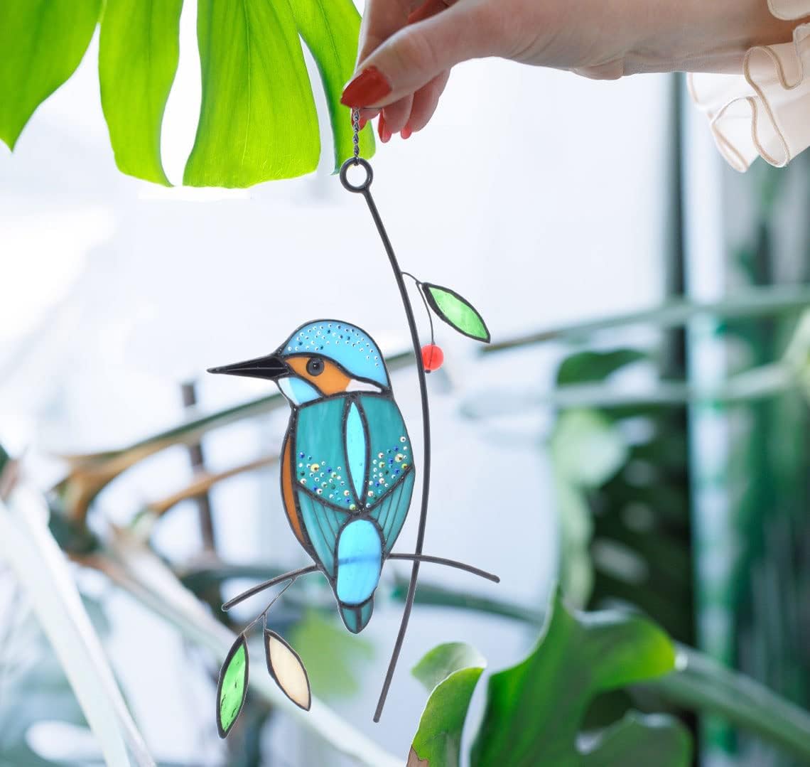 Lolitarcrafts Kingfisher Stained Glass Window Hangings Bluebird on Branch Suncatchers for Window Modern Birds Decor (Blue with Rhinestone)