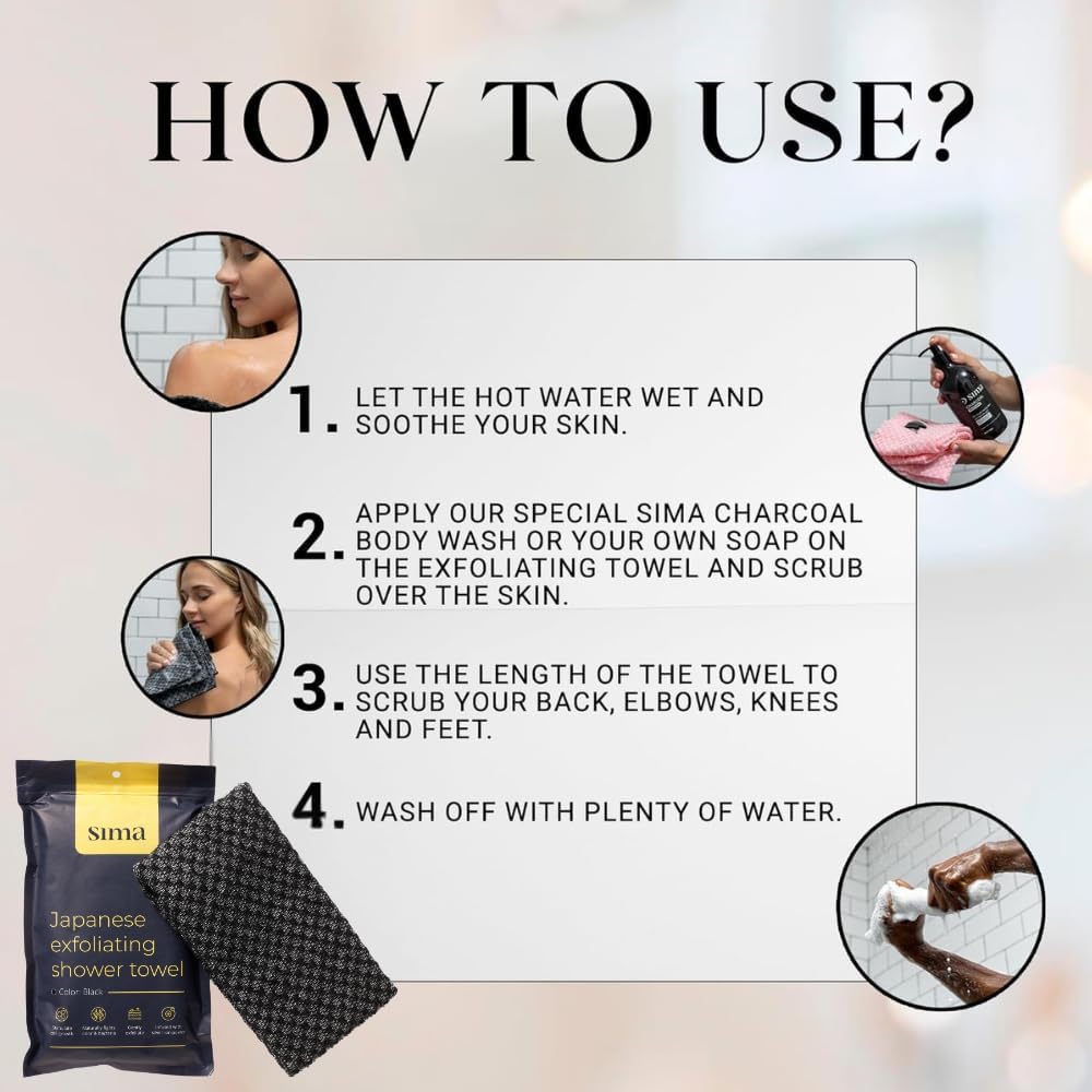 Exfoliating Washcloth Face & Body Scrub Towel - Japanese Exfoliating Towel with Hexagon Fibers, Body Scrubber with 2 Sides for Scrubbing & Washing, Extra Long Body Towels (Black)