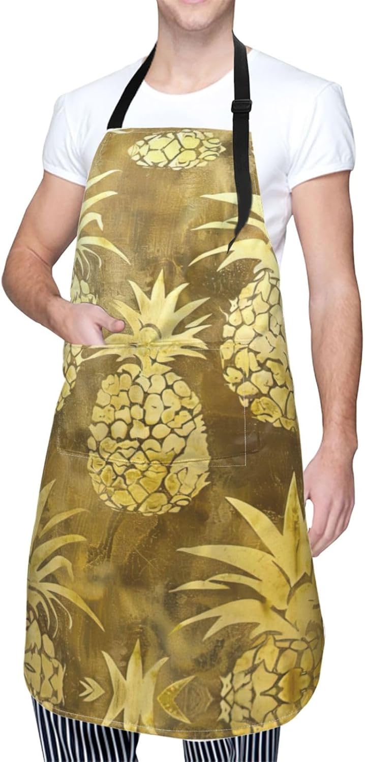 gold pineapple background print Waterproof chef's apron with pocket apron for kitchen cooking baking barbecue and gardening
