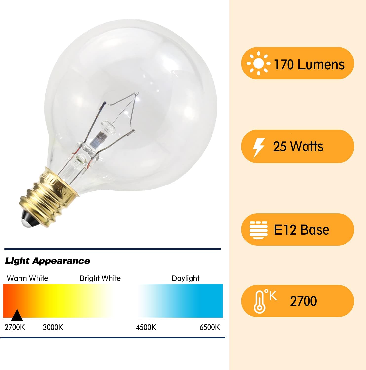 Wax Warmer Light Bulbs, G50 25 Watt for Full Size Scentsy Warmers, G16