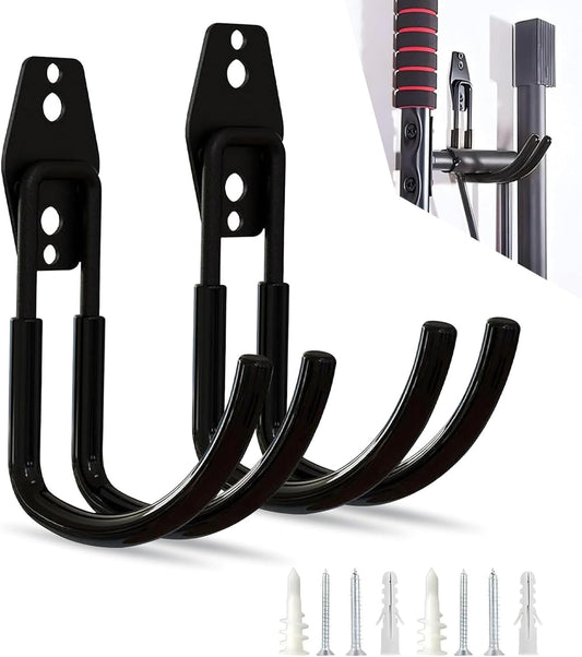 2 PCS Garage Storage Hooks, Hanging Type Portable J-Shaped Bicycle Metal Storage Hook, Multifunctional Wall-Mounted Strong Load-Bearing Garden Tool Organizer for Home (Black #Bending)