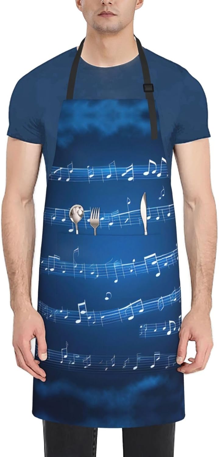Blue Musical Notes Print Laundry apron 28x33 In Waterproof Kitchen Apron with Pockets for Cooking Baking