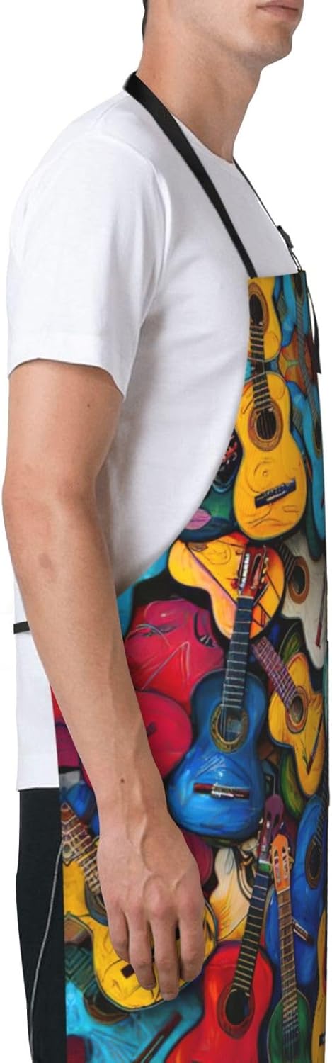 Color Acoustic and Guitars print Waterproof chef's apron with pocket a