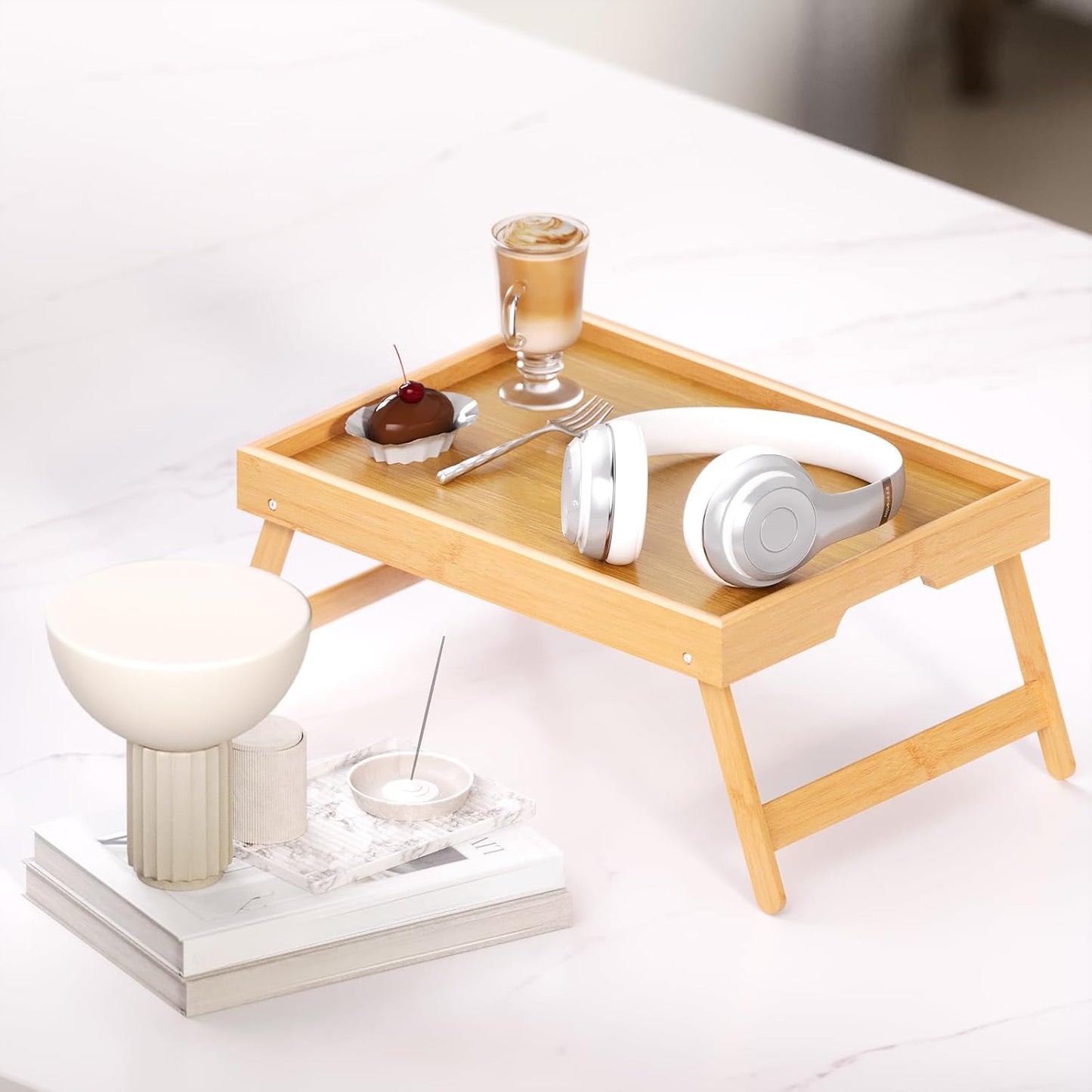 2 Pack Bamboo Bed Tray Table with Folding Legs,Breakfast Trays,Serving Tray for Food and Snack,Laptop Trays for Working(Natural)
