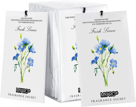 MYARO 12 Pack Fresh Linen Scented Sachets for Drawer, Closet & Car Air Freshener Bags | Odor Eliminator & Fabric Refresher | Crisp, Clean Home Fragrance Gift Set