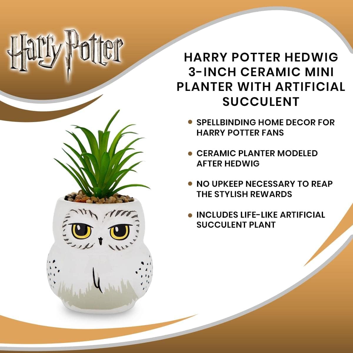 Harry Potter Hedwig 3-Inch Ceramic Mini Planter with Artificial Succulent | Small Flower Pot, Faux Indoor Plants for Desk Shelf, Home Decor Trinket Tray | Wizarding World Gifts and Collectibles