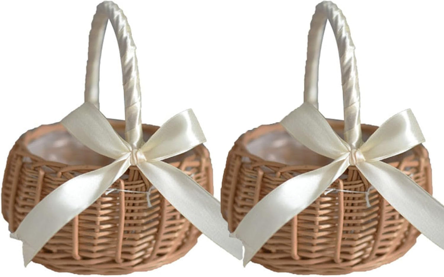 2 PCS Rattan Flower Basket.Flower Girl Carry Basket with Lace Bow Lined Handmade Wicker Carry Basket for Vintage Wedding Garden Decor