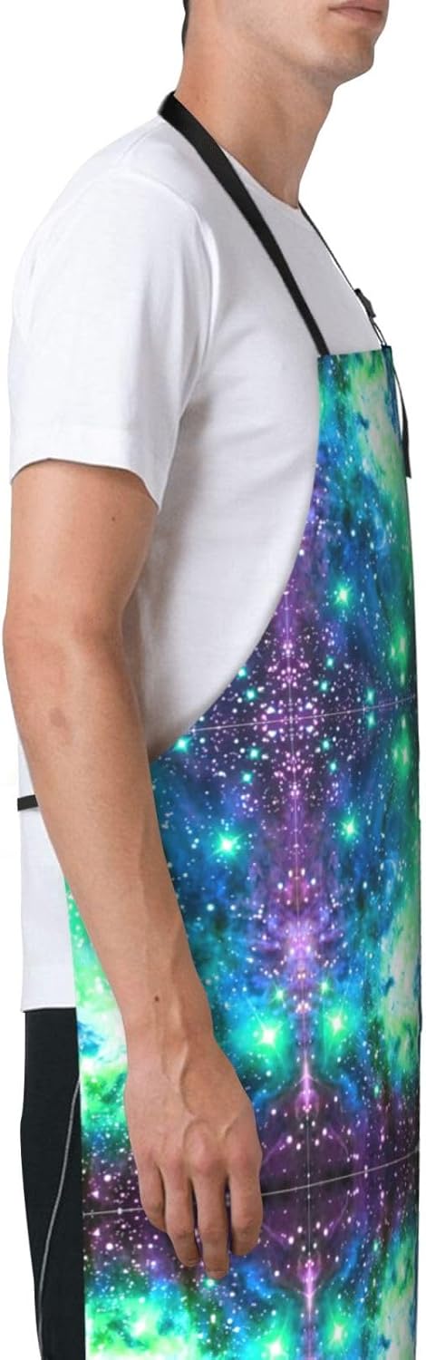 Green Blue Purple Galaxy Print 28x33 In Adult Kitchen Apron with Pockets Versatile Chef Smock for Cooking Baking