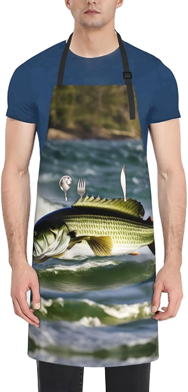 Bass Fishing Wave Print 28x33 In Adult Kitchen Apron with Pockets Versatile Chef Smock for Cooking Baking