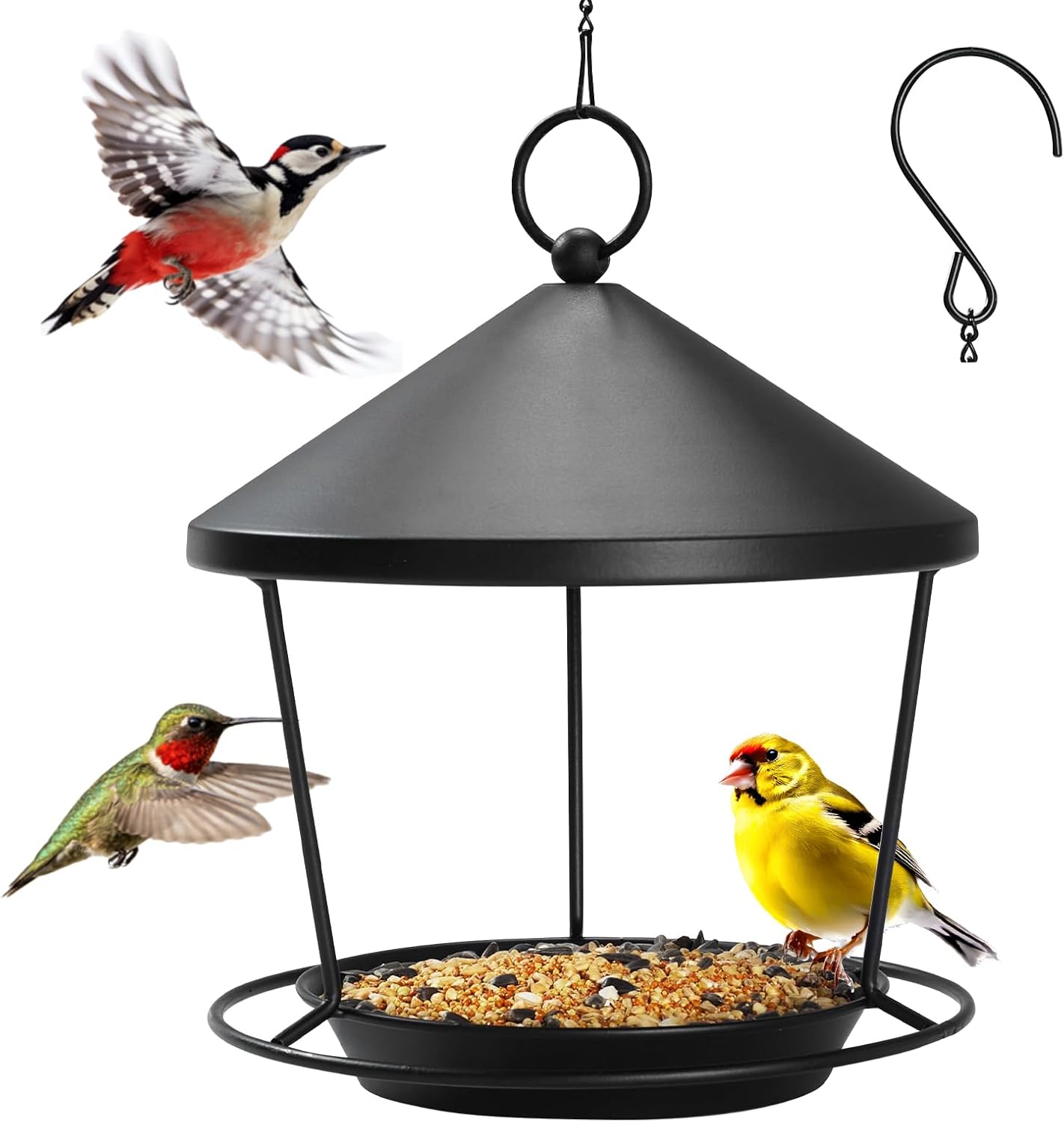 Bird Feeder for Outdoor Hanging，Hanging Bird Feeder with Roof，Elegant Garden Sculpture with Multi-Use Bird Bath and Feeder with Chain and Hook，Creative Decor for Patio, Balcony, Yard & Home