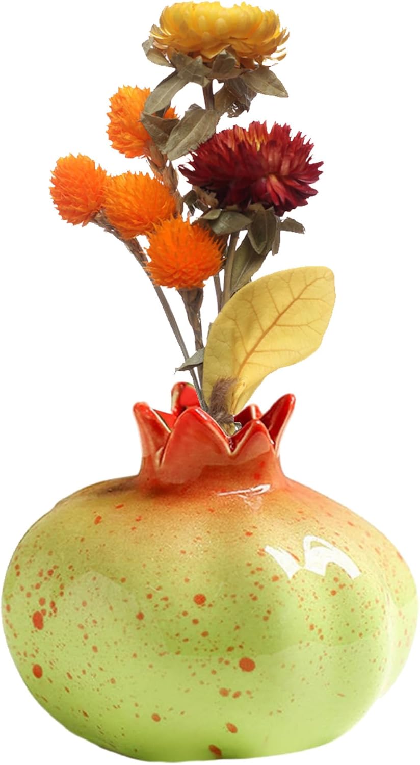 Cute Ceramic Fruit Vase, Ceramic Pomegranate Hydroponics Plants Vase, Handcrafted Small Planter Pot, Dried Flowers vase Container, Green 4.1'' x 3.5''