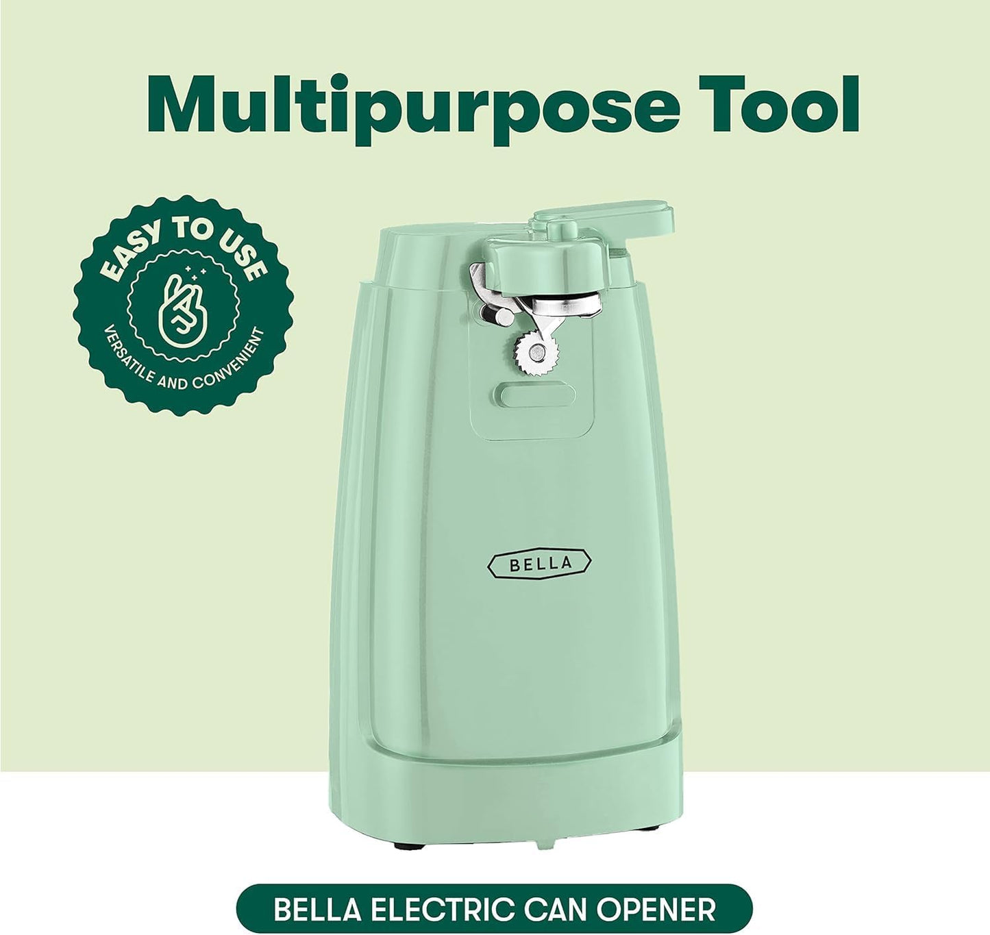 bella Electric Can Opener and Knife Sharpener, Removable Cutting Lever, Cord Storage, Stainless Steel Blade, Sage