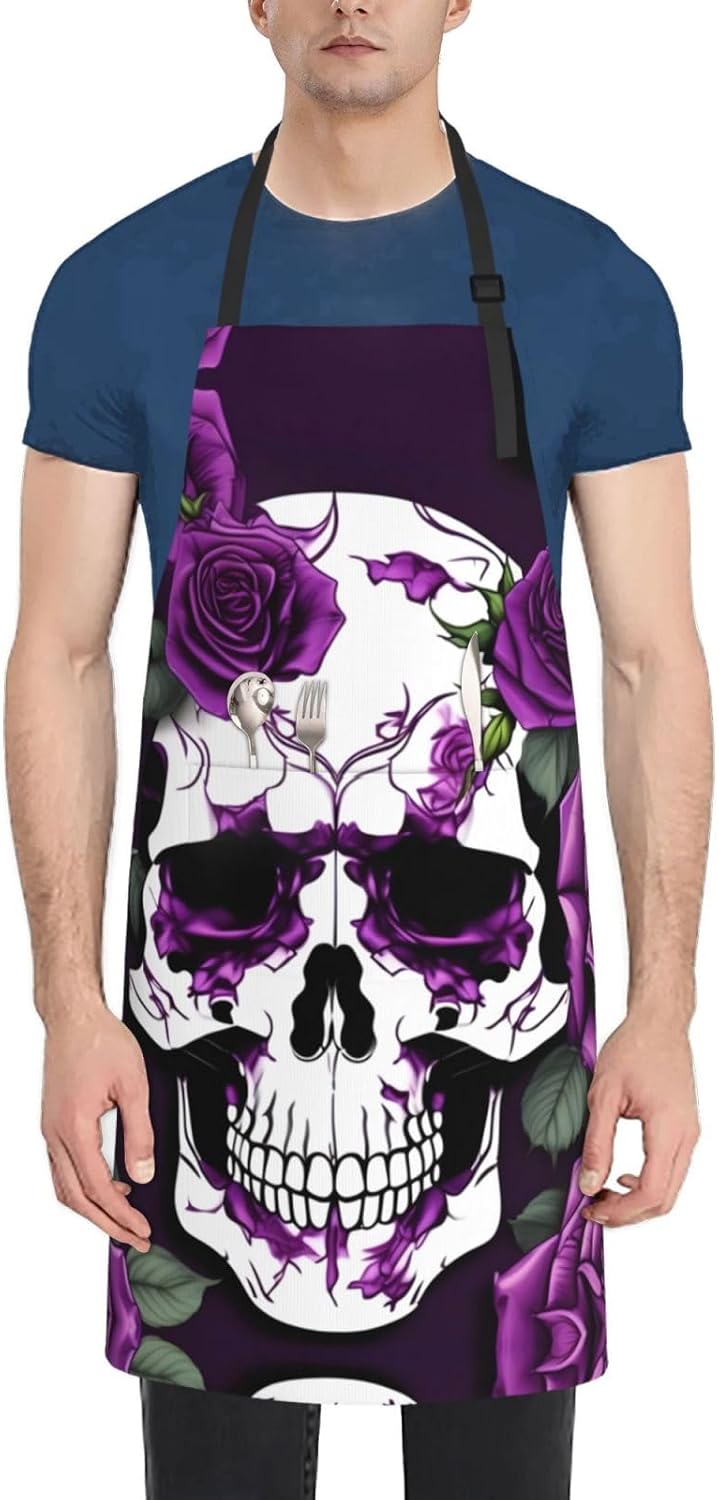 Purple Rose skeleton Print 28x33 In Adult Kitchen Apron with Pockets Versatile Chef Smock for Cooking Baking