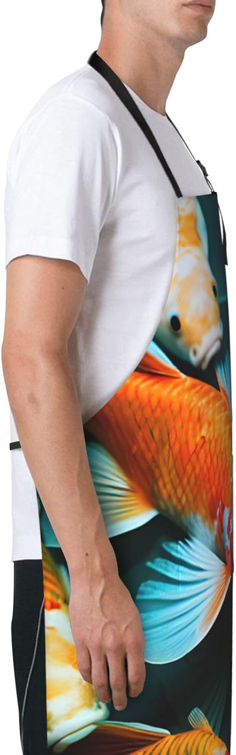 HD Japanese Koi Fish print Waterproof chef's apron with pocket apron for kitchen cooking baking barbecue and gardening