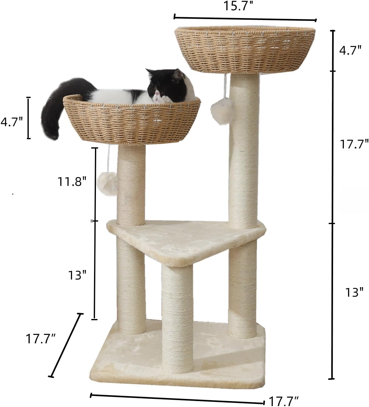 SHENGOCASE Cat Tree Tower with Rattan Wicker Basket, 2 Handwoven Large