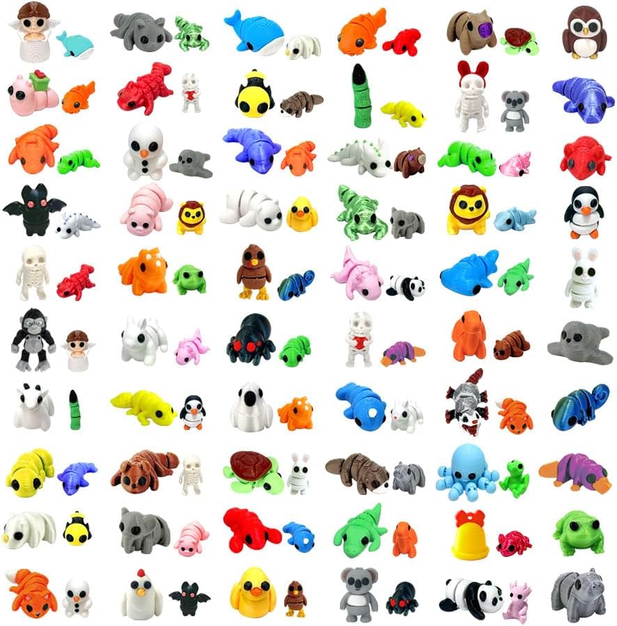 102 Pcs Mini Random 3D Printed Animal Figurines Set, Flexible Articulated Fidget Toys,Surprise 3D Printed Animals Cute Desk Decor, Party Favors, Classroom Rewards(Large & Small Sizes)