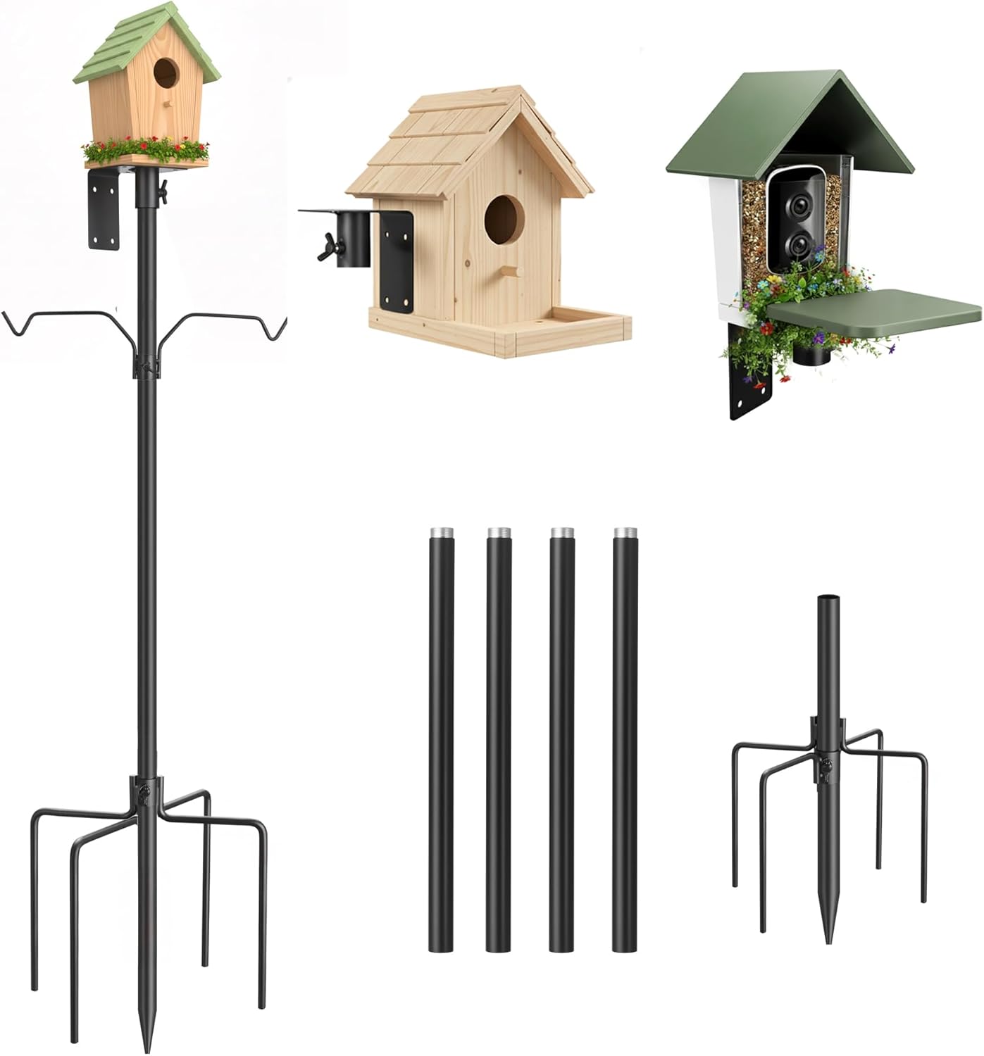 Bird Feeder Pole Kit, 79 Inch Metal Heavy Duty Bird House Pole with 5-Prong Base,Hook for Hanging Bird feeders