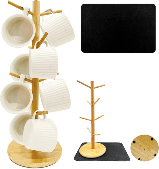 SNAIL GARDEN Coffee Mug Holder with Absorbent Drying Mat, 8-Hook Wood Coffee Cup Stand,Mug Tree Coffee Cup Holder for Kitchen Countertop, Cup Hanger Mug Racks for Bar & Office Organizer