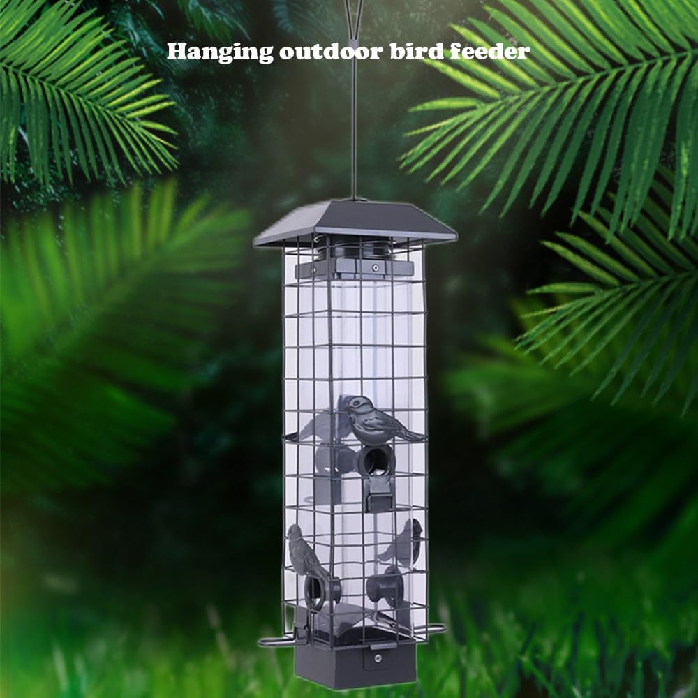 Squirrel Proof Bird Feeders for Outdoors, Metal Wild Bird Feeder for Outside Hanging, 4 Ports Perches, 3LB Large Capacity(Gray)