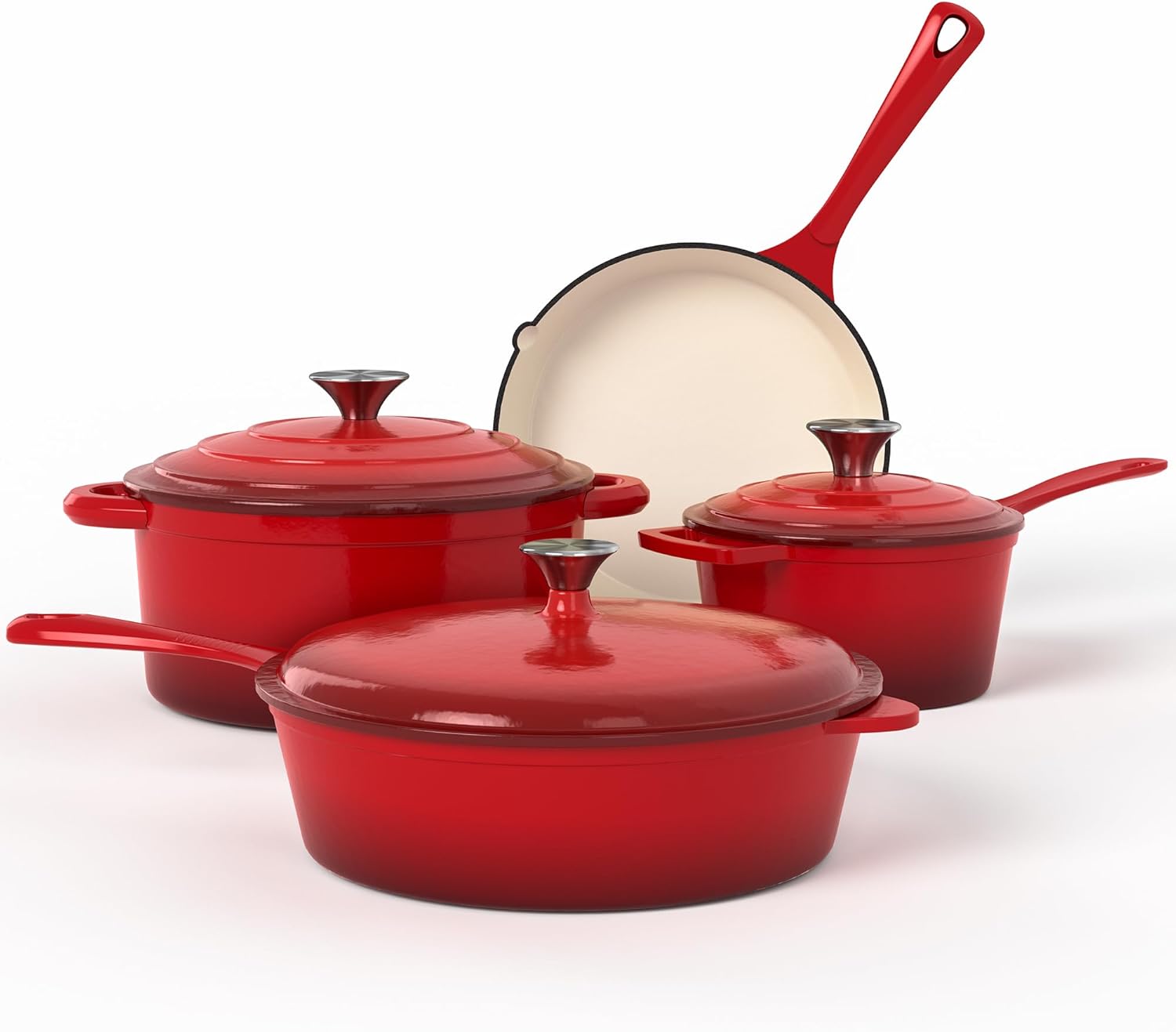 Kitchen Academy Enameled Cast Iron Cookware Sets - 7Pcs Pots and Pans 