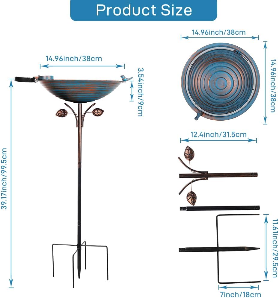 Metal Bird Bath with Stake, Large Standing Birdbath with Solar Light, 39" Tall Bird Bath & Feeder with 15" Bowl & Decorative Cast Iron Bird for Outside Garden Patio Yard Decor, Blue