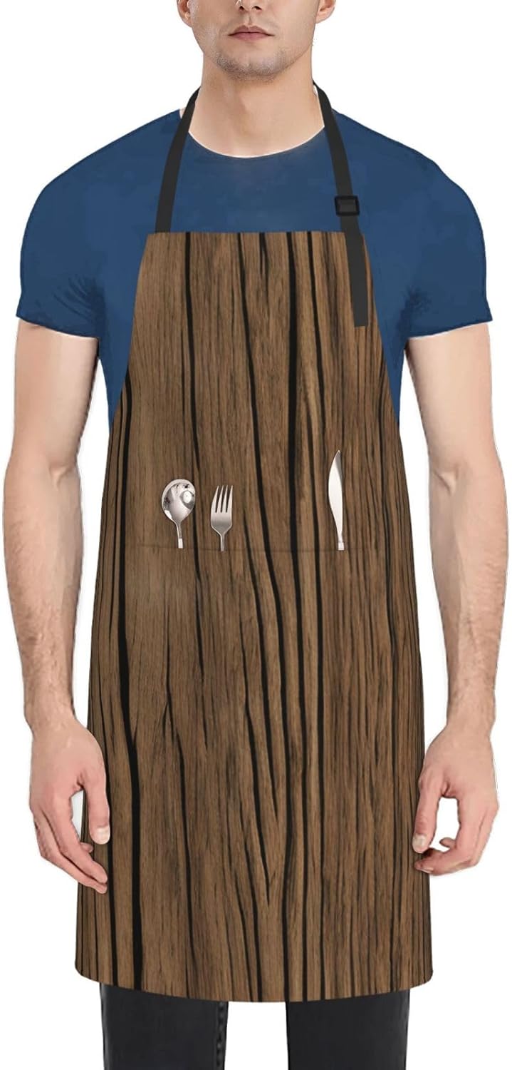 YANYU Wood Grain Print 28x33 In Kitchen Apron Stylish Chef Apron with Pockets for Cooking Baking Painting