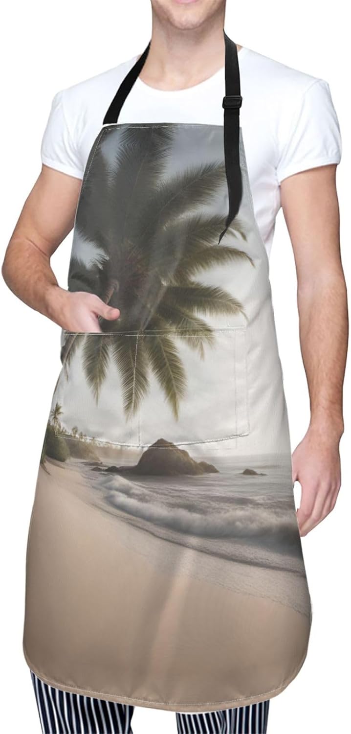 Sand Beach Palm Tree print Waterproof chef's apron with pocket apron for kitchen cooking baking barbecue and gardening