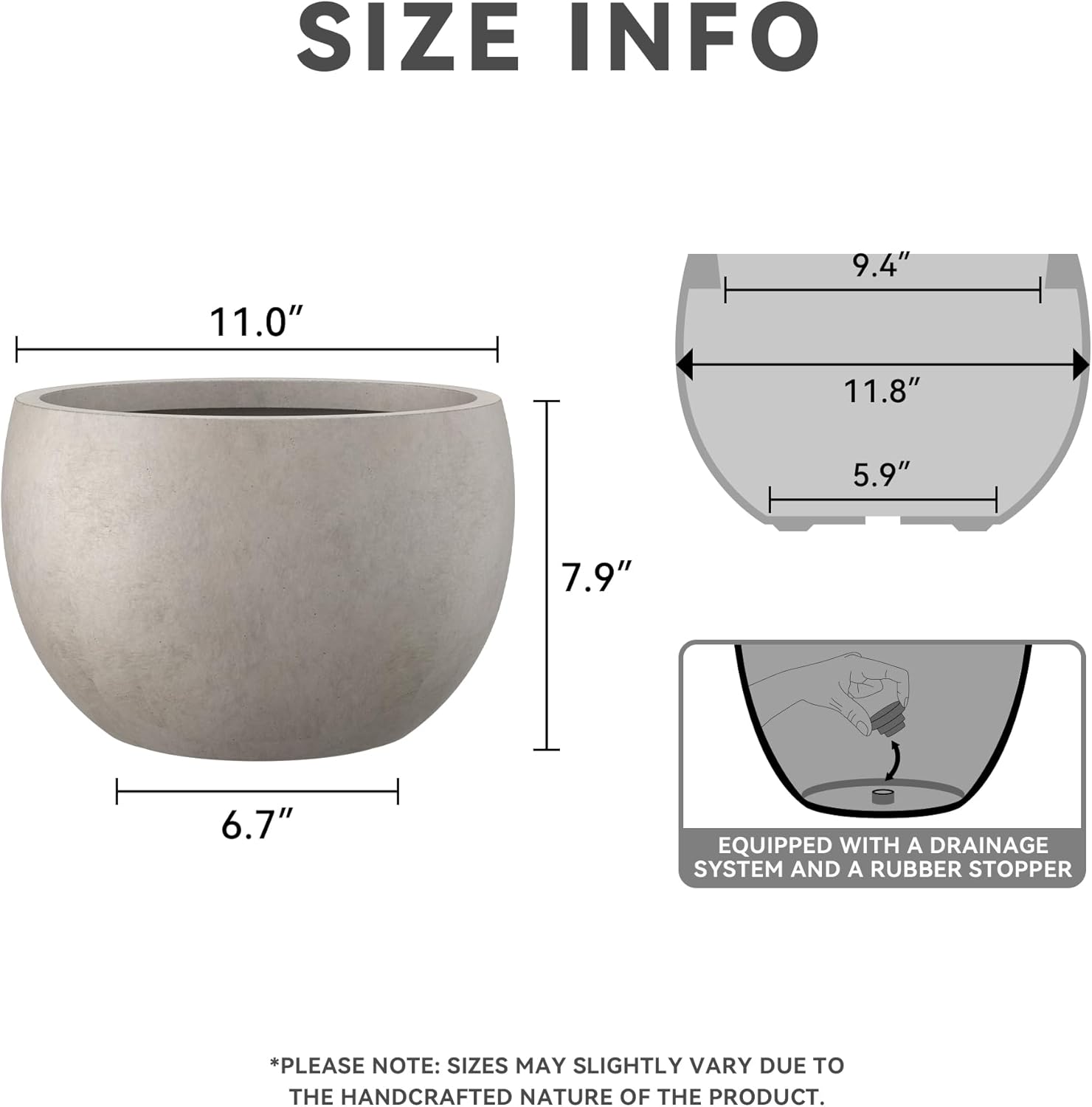 Kante 11.8" Dia Round Concrete Planter, Outdoor/Indoor Large Bowl Plan