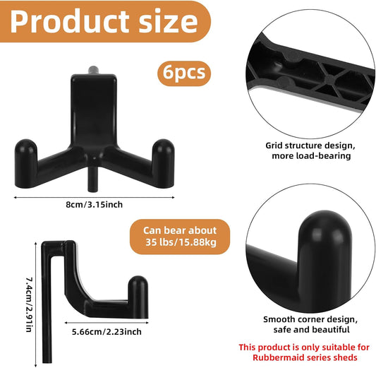 6pcs Shed Hooks for Rubbermaid Fasttrack, Plastic Multi Purpose Shed Organizer Accessories, Power Tool Hangers Holder Organization and Storage for Garage Hanging Shovel Rake Sports Equipment