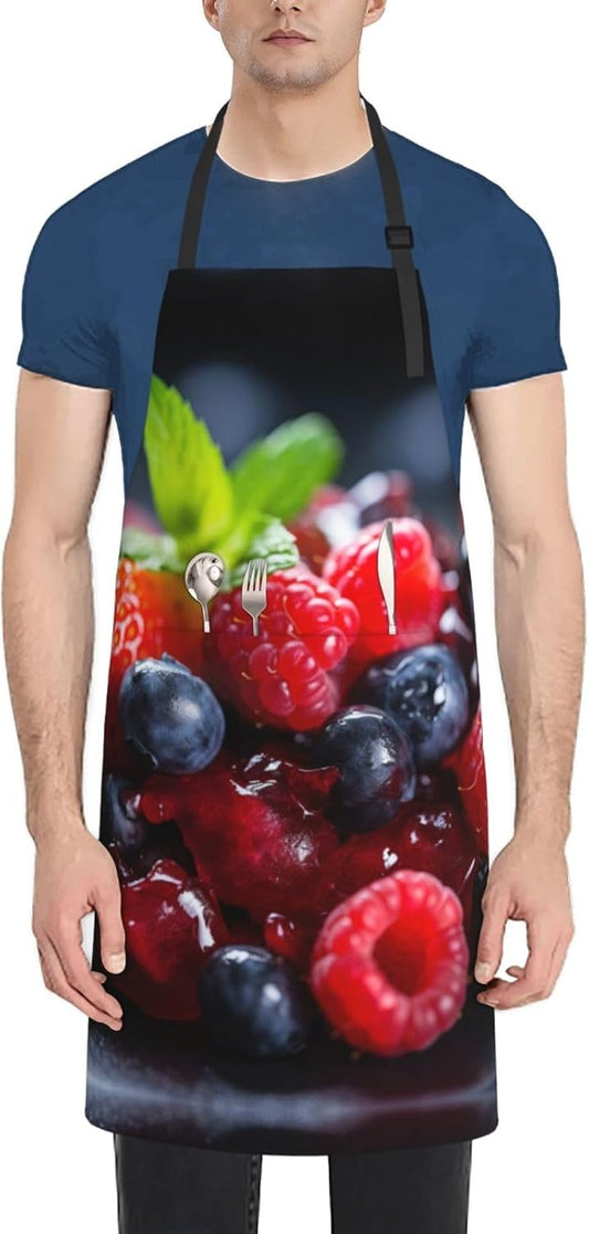 fruits on wood print Waterproof apron with pocket adjustable cooking apron for adult kitchen bibs to bake