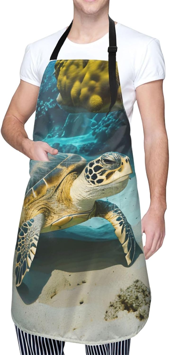 YANYU Sea Turtle Print 28x33 In Kitchen Apron Stylish Chef Apron with Pockets for Cooking Baking Painting