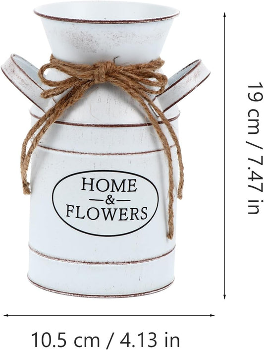 Vintage Rustic Iron Milk Can Flower Vase, White Metal Floral Arrangeme