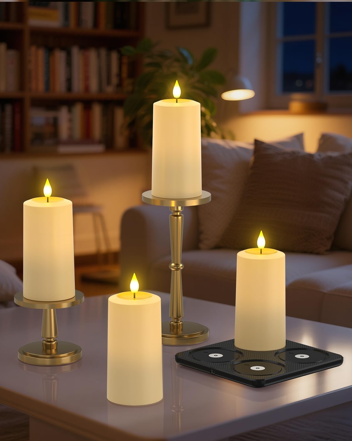 SoulBay Flameless Candles Rechargeable, 4 Pack LED Flickering Waterproof White Pillar Candles with Magnetic Charging Base Remote Timer for Indoor Outdoor Lantern Holiday Christmas Décor, 2.75" x 5.1 "