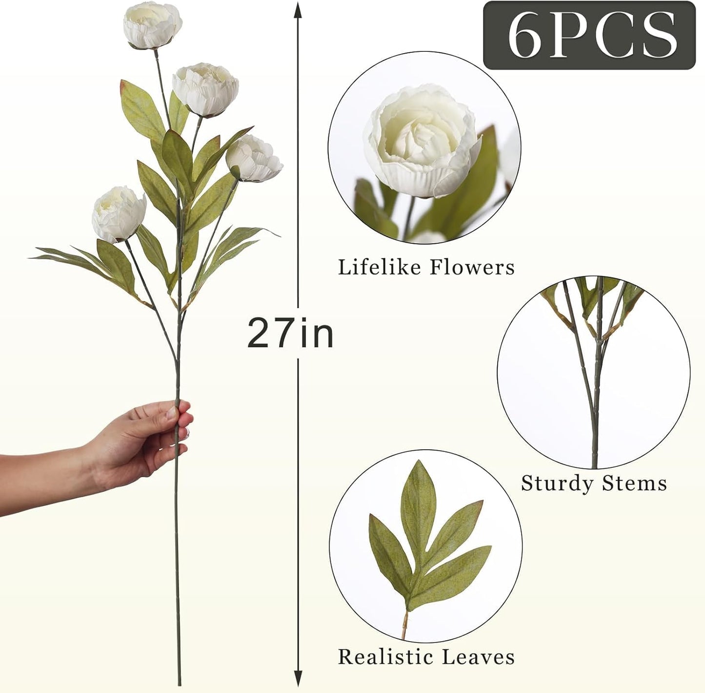 VIERENA 6 Pcs Faux Silk Peony Artificial Flowers for Vase -27", Bulk F