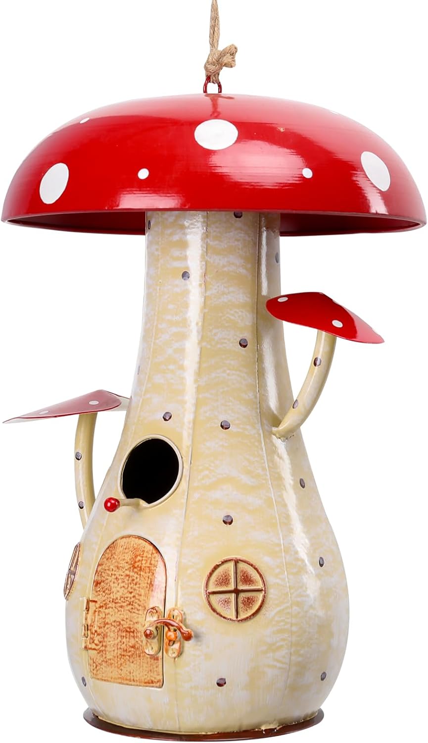 Yinns Metal Mushroom Bird House, Wild Bird House Outdoor, Decorative Birdhouse for Home Garden Decor, 13.8 Inch Big Bird Houses