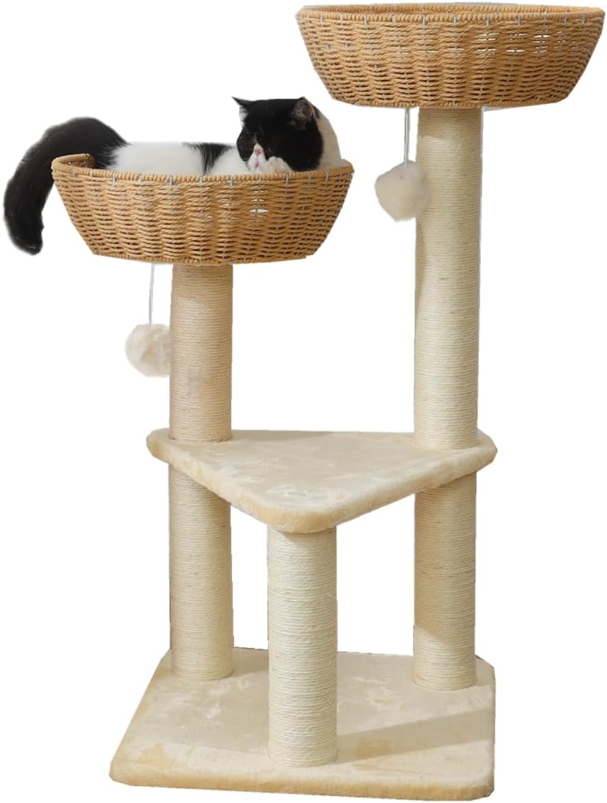 SHENGOCASE Cat Tree Tower with Rattan Wicker Basket, 2 Handwoven Large