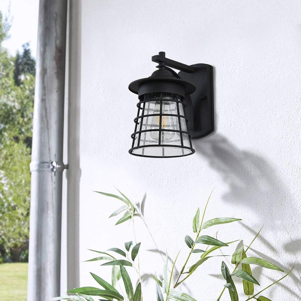 Garden Black Industrial Wall Lamp Waterproof Barn Outdoor Lighting Sconce E27 Cage with Seed Glass Shade Mounted Lantern Light Hard-Wired for Courtyard Landscape