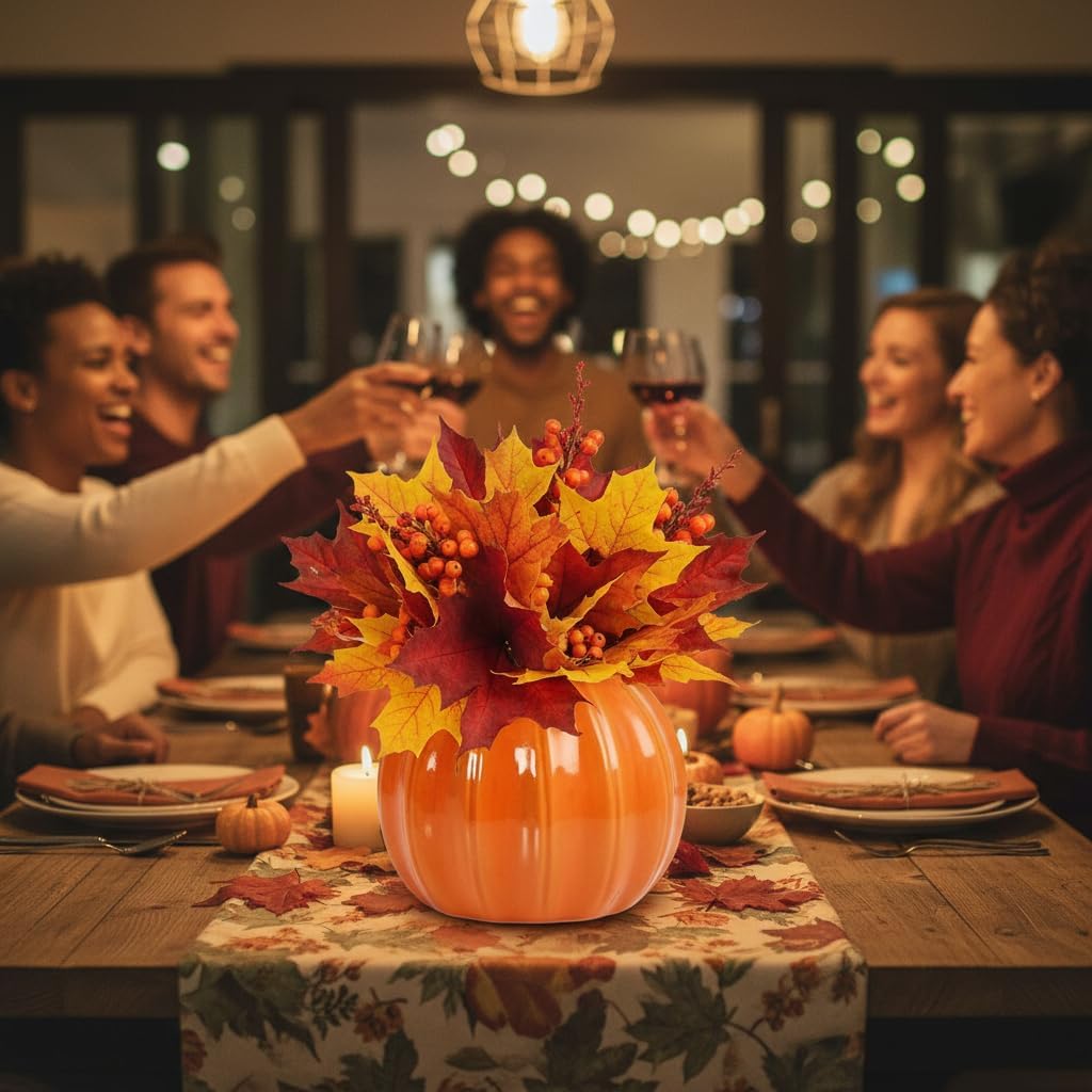 LOGOFUN Pumpkin Vase Ceramic Pumpkin Planter Pumpkins Shaped Dried Flower Vases for Thanksgiving Fall Autumn Harvest Decor - Orange 14.00X14.00X11.50cm/5.50X5.50X4.52in
