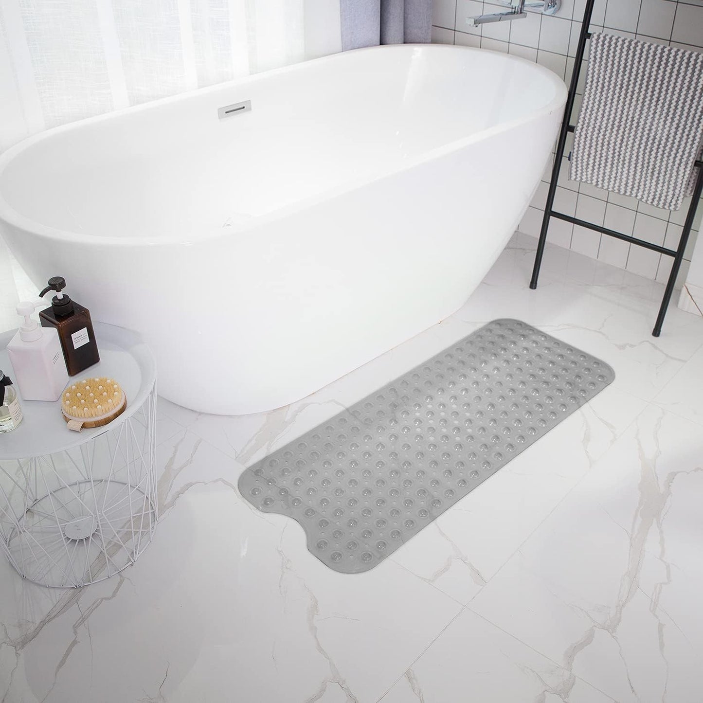 Bathtub Mats for Shower Tub, Extra Long Non-Slip 39 x 16 Inch Bath Mat with Drain Holes and Suction Cups, BathMat for Bathroom with Machine Washable (Clear Grey)
