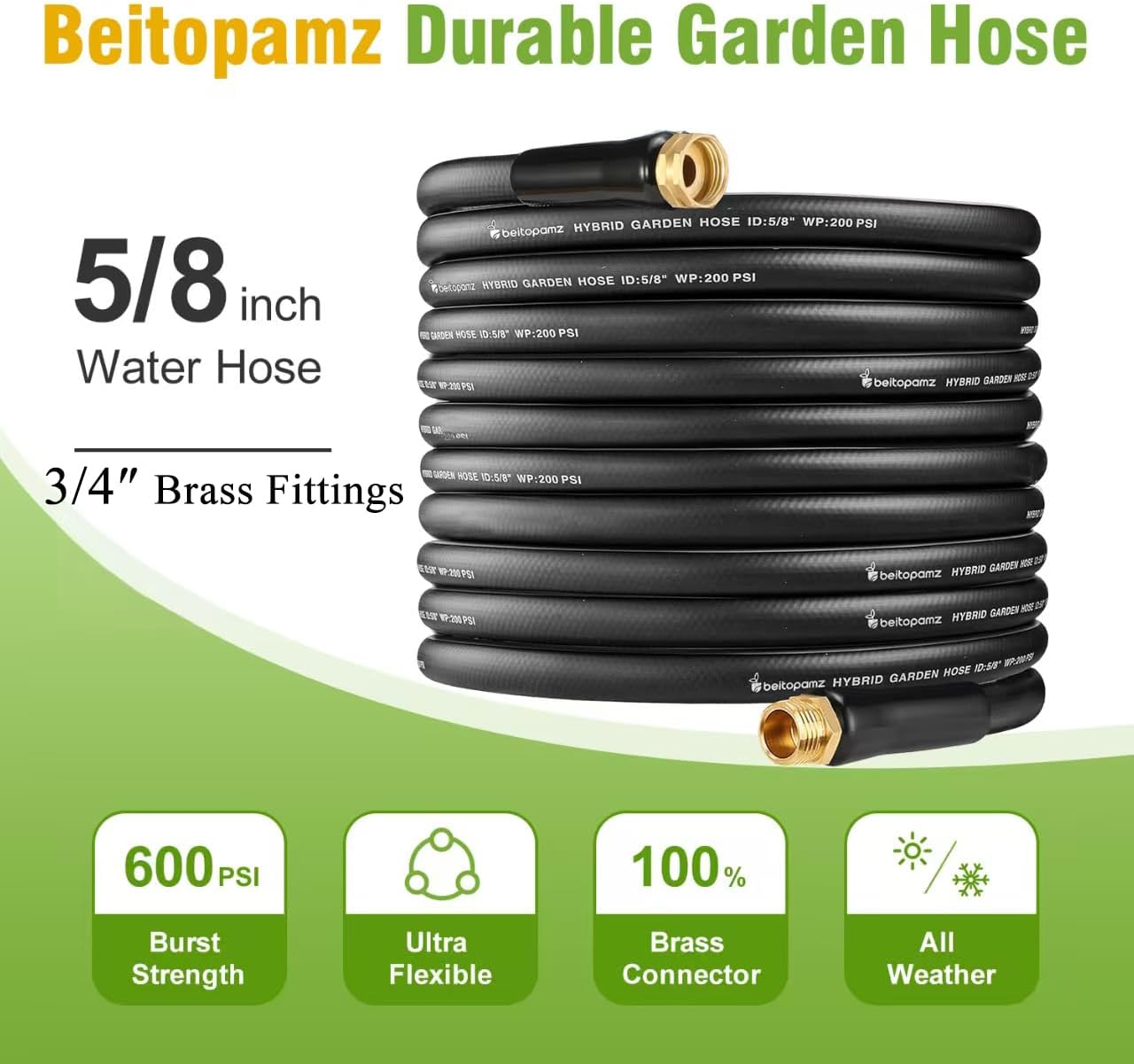 Garden Hose 50 ft x 5/8 in Heavy Duty Water Hose, Flexible and Durable